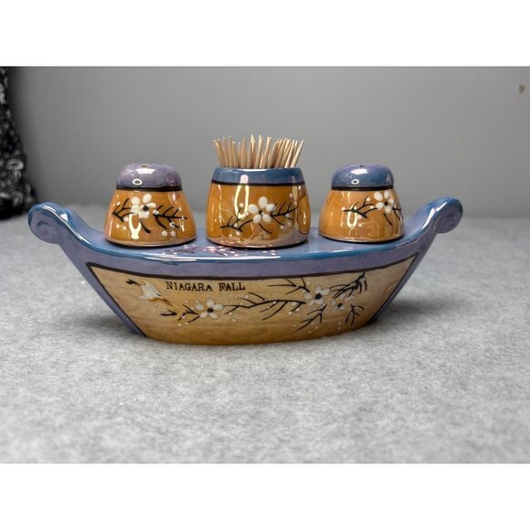 Niagara Falls Lusterware Salt & Pepper Shaker Boat Set with Toothpick Holder - Picture 7 of 11
